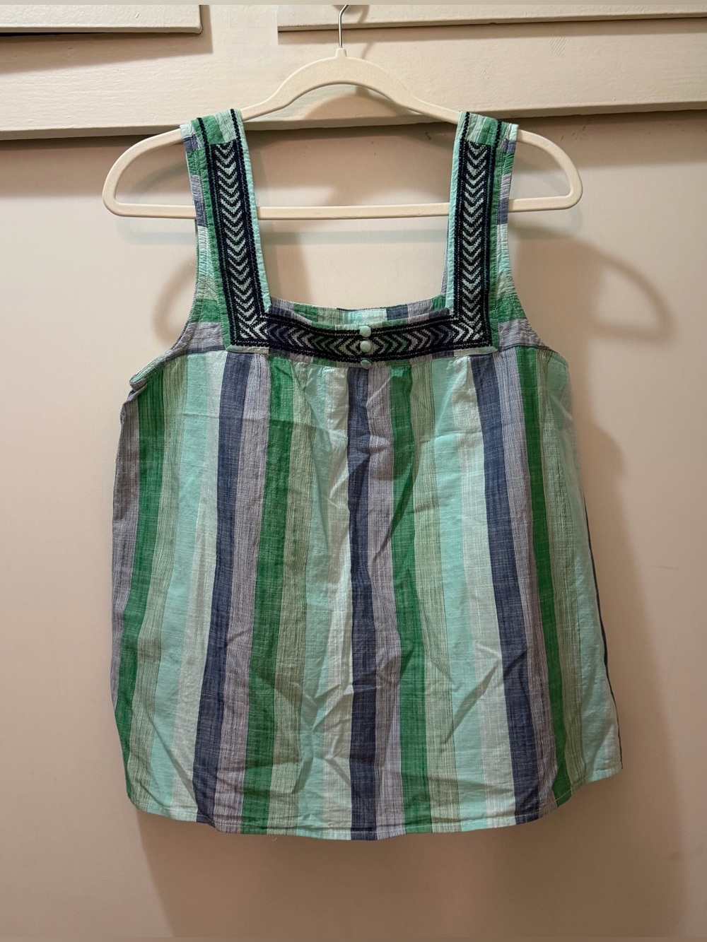 Lucky Brand Boho Striped Sleeveless Blouse Square Neck Embroidered Trim Cotton M